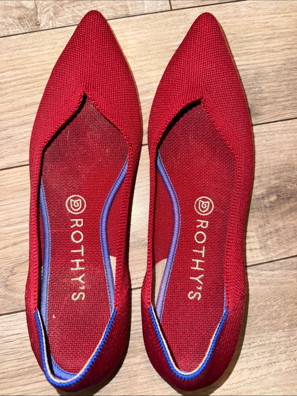 Rothy's Red Pointed Knit Flat with Blue Trim
